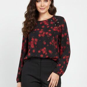 Michael Kors Black Red Grommet Rose Floral Long Sleeve Blouse Top Size L